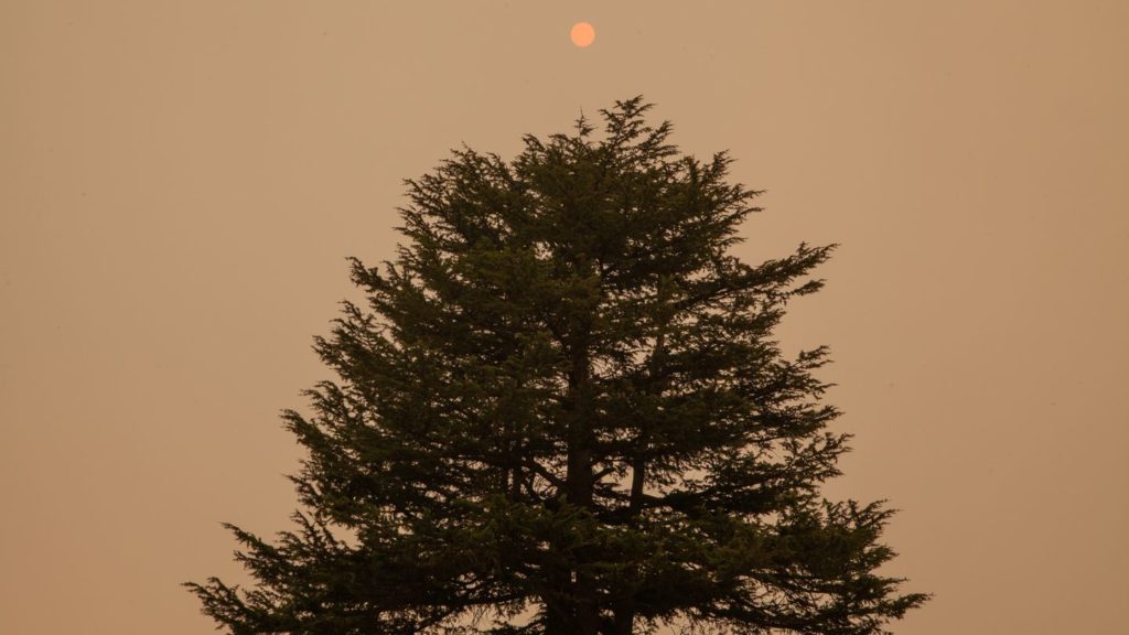 A pink sun is barely visible against a smoke-filled sky. The air quality in Portland, OR was ranked the worst of all major cities in the world due to smoke blowing in from several surrounding wildfires. Thursday, Sept. 10, 2020. Claudia Meza